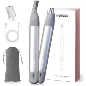 HEBECA Nose Hair Trimmer for Men & Women - 2in1 Rechargeable Ear and Nasal Hair Trimmer, Waterproof Nose Clipper, Electric Eyebrow Trimmer & Facial Hair Remover Grooming Set (Silver Grey)