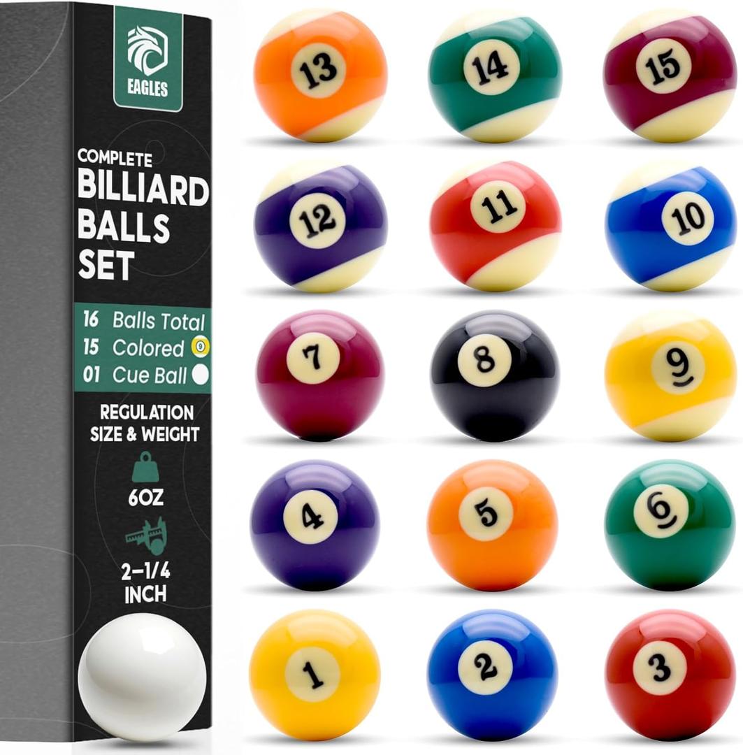 EAGLES Professional Billiard Ball Set 2-1/4" Regulation Size Pool Table Balls High-Density Poly-Resin for Precision Balance, Friction Resistance & True Roll Complete 16 Ball Set