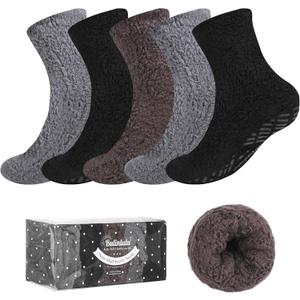 Bulinlulu Fuzzy Socks With Grips for Women 5-Pairs Non Slip Sleep Warm Fluffy Slipper Socks Mother's Day Gifts for women (Black/Navy/Brown) 5.9in