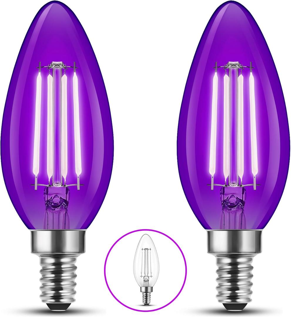 E12 Candelabra LED Purple Light Bulbs for Christmas, C35 LED 4W Equivalent 40W, UVA E12 Base Colored Lights for Halloween, Party Decoration, Indoor&Outdoor, Home Lighting, Non-Dimmable, 2 Pack