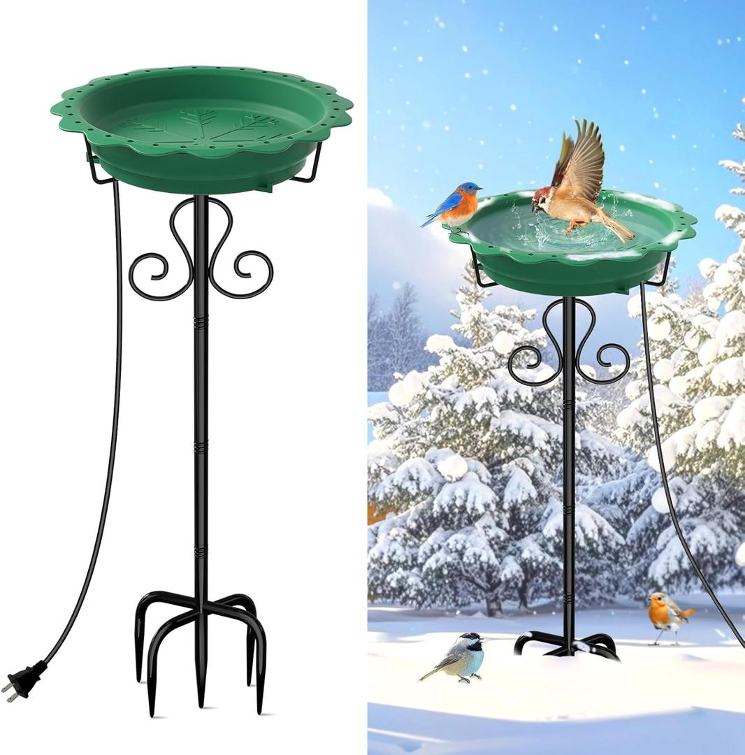 Heated Bird Baths for Outdoors, 100W Heated Birdbath Bowl for Outdoors for Winter with 5-Prong Metal Base Thermostat Control, Heated Bird Bath for Outside Winter Garden Patio Yard Lawn (Green)