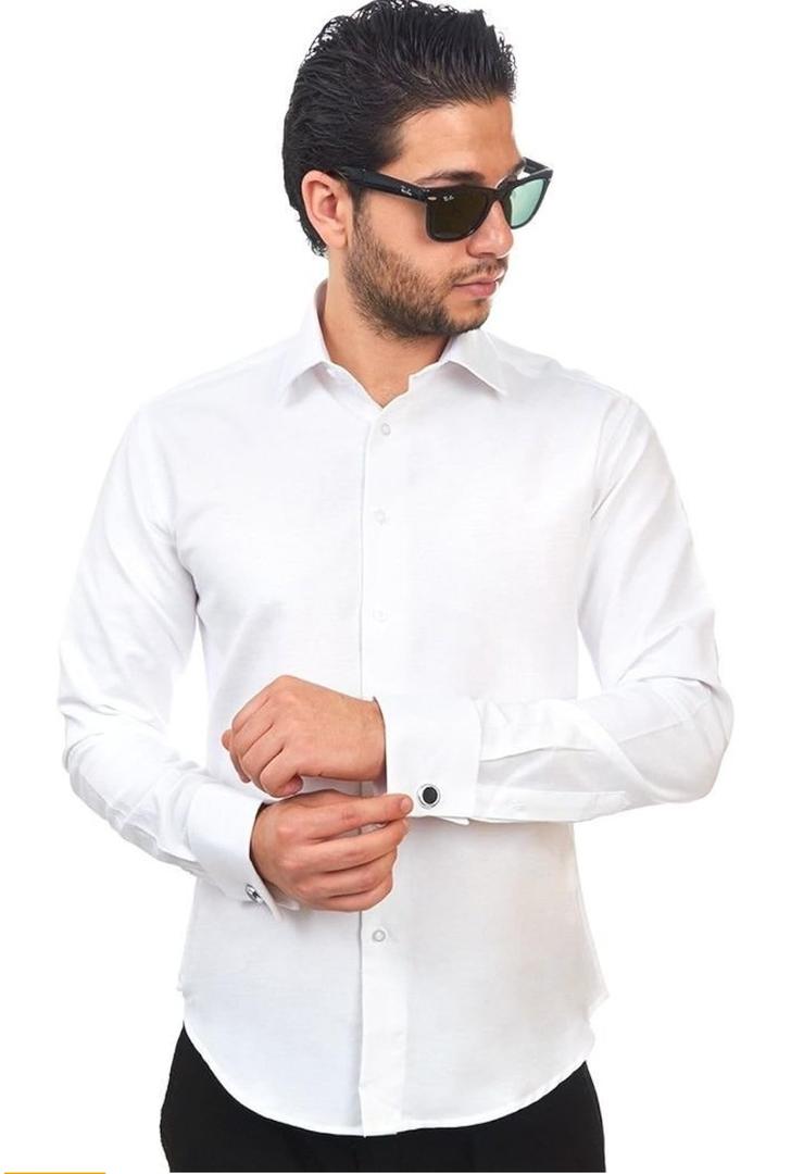 AZAR MAN Slim fit Solid White French Cuff Dress Shirt, Size 4XL