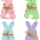 Easter Bunny Decorations, 4 PCS Double Sided Wooden Bunny Sign Spring Easter Table Decorations for Home Office Tiered Tray Tabletop Shelf Mantel Dining Room Decor