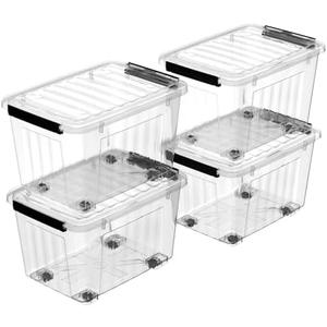 Cetomo Plastic Storage Bins, Lidded Storage Box with Wheels for Home Office Dorm, Wheeled, Stackable, Clear, 85Quart-4 Pack