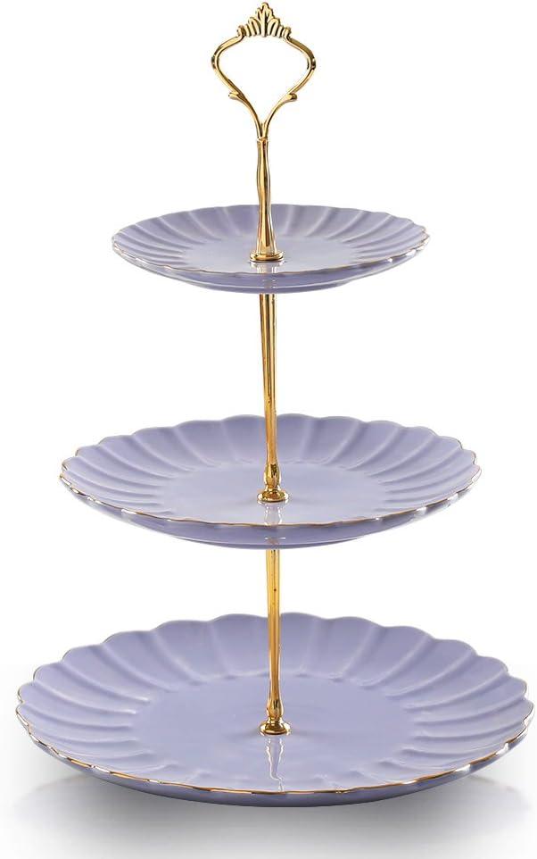 Sweejar 3 Tier Ceramic Cake Stand Wedding, Dessert Cupcake Stand for Tea Party Serving Platter (Purple)