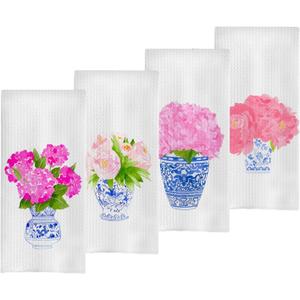 Chinoiserie Vase Dish Towels Set - Chinoiserie Waffle Weave Kitchen Towels, Chinoiserie Tea Towels Hand Towels for Bathroom, Blue and White Decor for Kitchen Bathroom (16x24 Inches Set of 4)