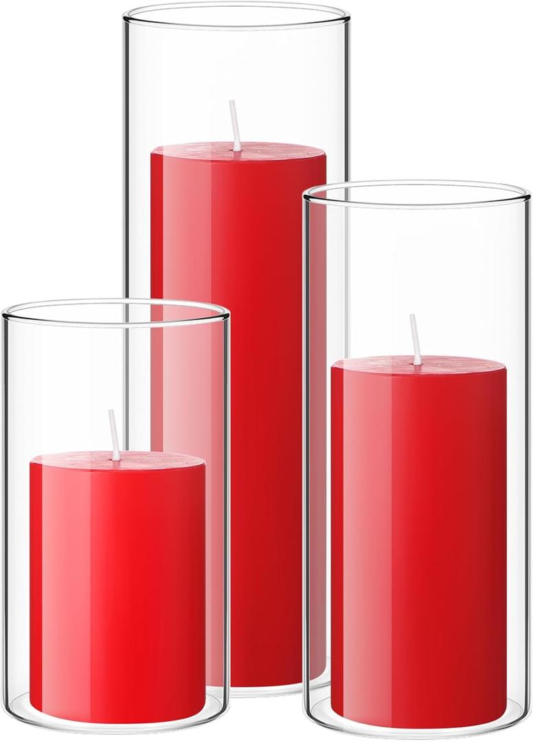 Shihanee Set of 3 Pillar Candles and 3 Glass Cylinder Candle Vases Holders Clear Pillar Jars for Wedding Centerpieces(2.6'' X 4.7'', 5.9'', 7.9'',Red)