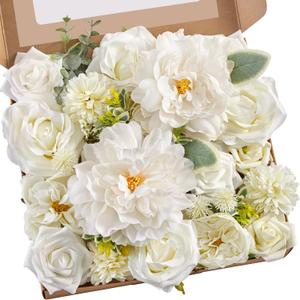 Serwalin Artificial Flowers Bridal Bouquets Realistic Fake Silk Foam Flowers Wedding White Peonies Roses DIY Centerpieces Corsage Boutonniere Home Decoration Party Arrangement Baby Shower (1 Box)