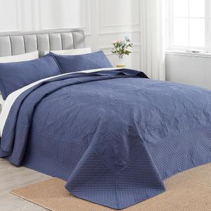 ENJOHOS Oversized King Bedspreads 128x120, California King Quilt Sets, Extra Wide Large King Size Quilts for Bed, Lightweight Reversible Microfiber 3Pieces Cal King Navy Blue Quilt, Damask Pattern Navy Blue, Oversized King - 128x120