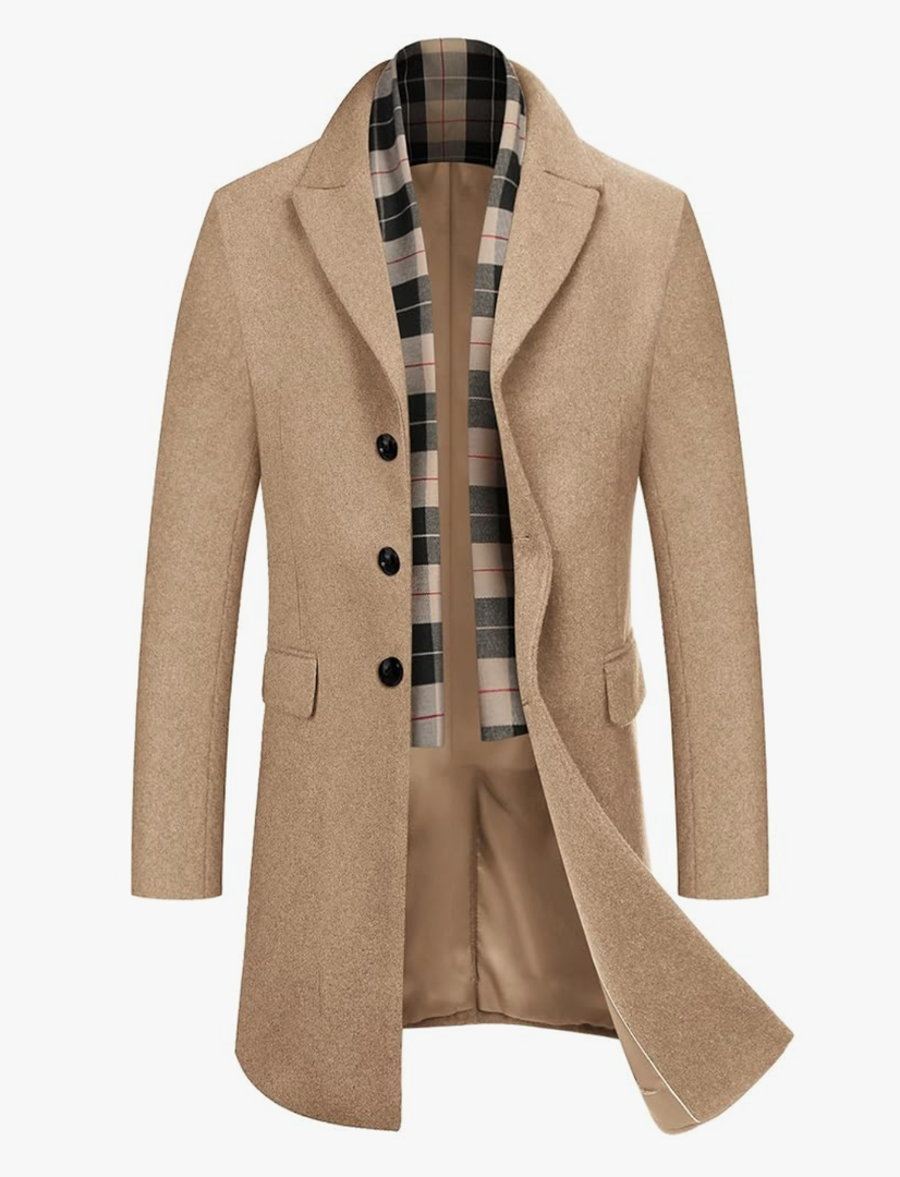 COOFANDY Men's Wool Blend Coat with Detachable Plaid Scarfs Notched Collar Single Breasted Pea Coat Trench Overcoat, 3XL