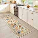 2x6 Kitchen Runner Rugs Non Slip Washable, Beige Floral Runner Rug for Hallway Bedroom Bathroom, Pet & Kids Friendly, Soft Low Pile Stain Resistant Foldable Floor Carpet