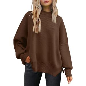 LILLUSORY Women's Oversized Batwing Sweaters 2025 Fall Outfits Trendy Crewneck Knit Side Slit Fashion Pullover Tops (Medium, Chocolate Brown)