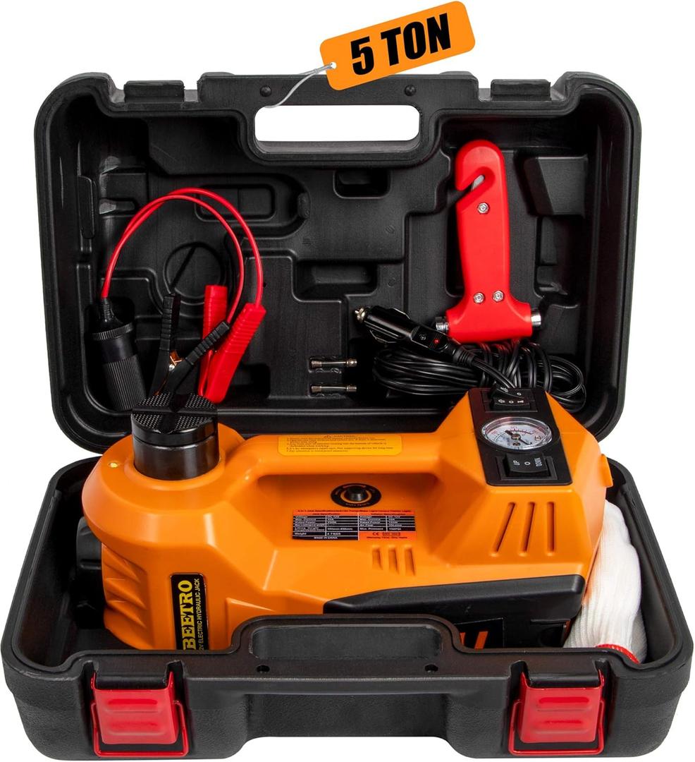 BEETRO Electric Car Jack 5 Ton 12V Hydraulic Jack Kit with Inflator Pump for Car Sedan MPV Tire Changing, Lifting Range 6-17.7''