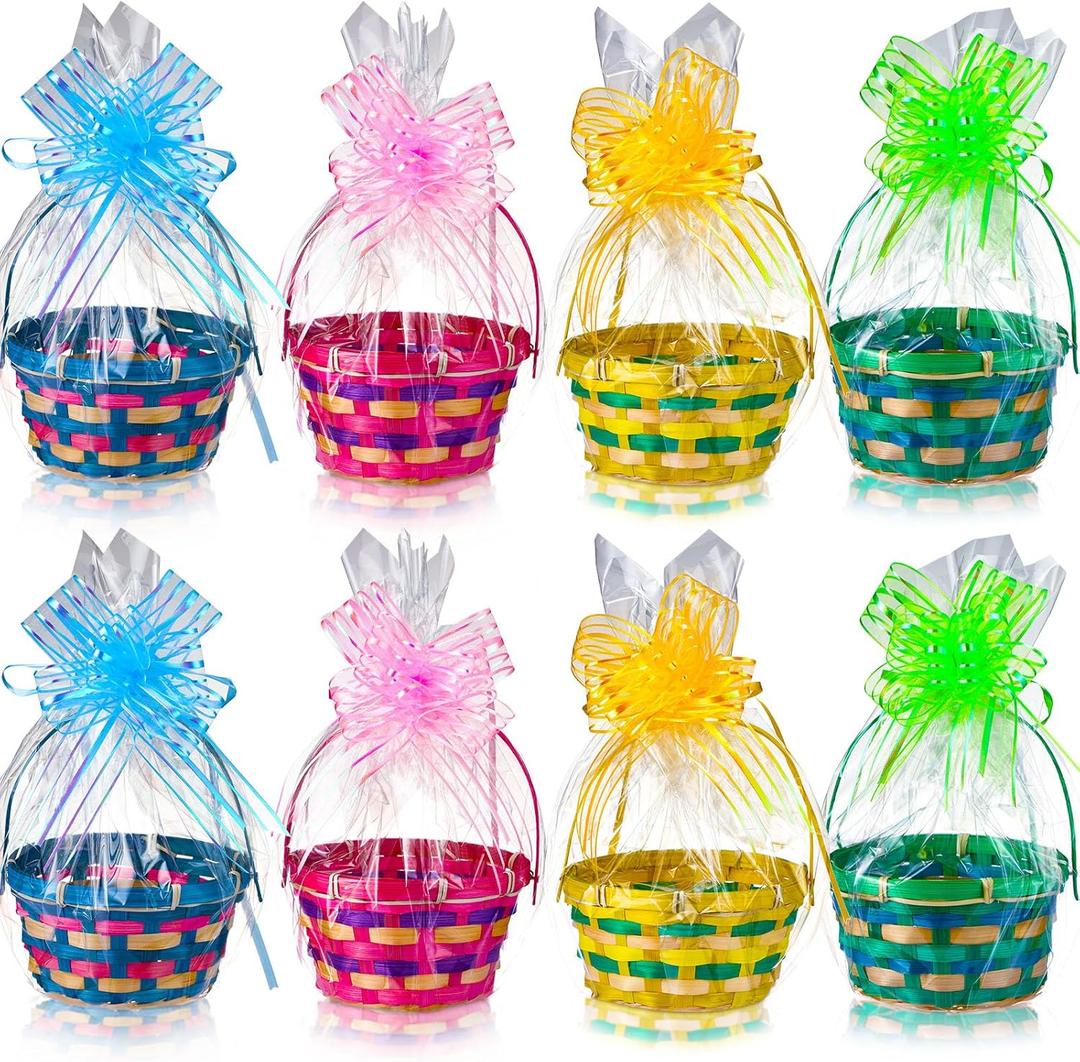 Weysat 8 Sets Bamboo Easter Basket Bulk Set Handle Round Woven Transparent Bag Wrapping Bow Bunny Wrap Glass Paper Egg Hunt Party Supplies (Classic)