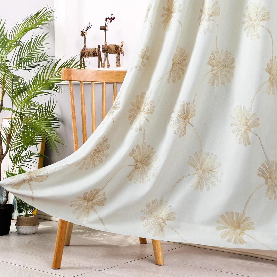 VOGOL Country Style Curtains 96 Inches Length, Beige Flower Embroidered Thermal Grommet Drapes for Dining Room, 2 Panels White Light Filtering Window Treatments for Office, 52 x 96 (52"W x 96"L (Pack of 2))