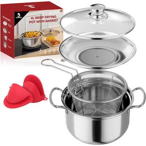 4L/4.2Qt Deep Fryer Pot with Basket, Small Multi-Functional Stainless Steel Stove Top Deep Frying Pot with Basket and Lid & Splatter Guard For Frying, Stewing, Boiling for Home Use