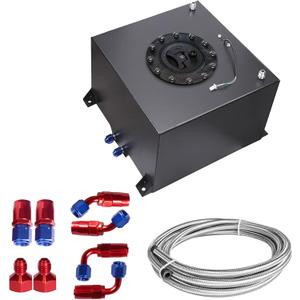Universal 5 Gallon 20L Fuel Cell Tank Polished Aluminum Black with Cap/Level Sender/12FT Oil Feed Line