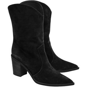 Coutgo Womens Cowboy Mid Calf Boots Chunky Block Heel Pointed Toe Suede Western Cowgirl Boots (8, Black)