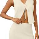 Women Sexy Knit Two Pieces Mini Skirts Set Sleeeveless V Neck Self Tie Slit Front Crop Vest Top Short Skirts Sets (Beige, S)