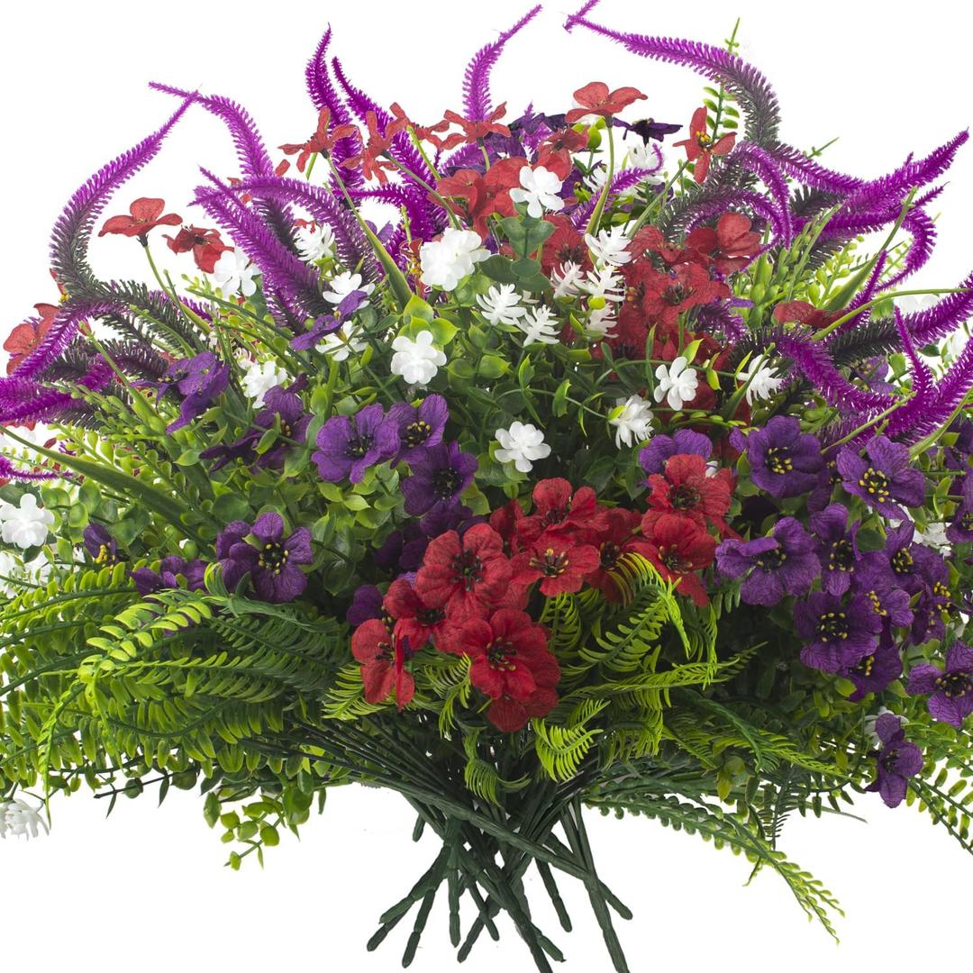 Grunyia 20Pcs Artificial Flowers for Outdoor UV Resistant & Waterproof, Realistic Fade-Proof Faux Greenery Shrubs Hanging Plants for Garden Porch Yard Lawn Patio Decorations (Vibrant Colors)