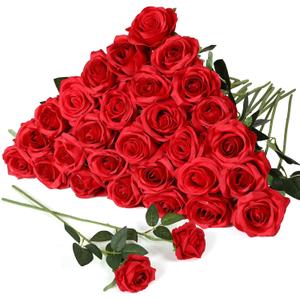 JUSTOYOU 30PCS Artificial Roses Silk Flowers in Bulk, Realistic Red Fake Roses for Wedding Decorations, Home Decor, Centerpieces, Indoor Floral Arrangements