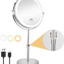 JANEEVA 10X Lighted Makeup Mirror with 3 Lighting Modes, 8" Dimmable Lights Height Adjustable Vanity Mirror with Lights, Rechargeable Double Sided 1X 10X Magnifying Mirror, 360°Rotation,Chrome