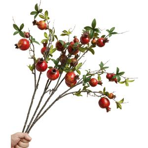 Forlaoers 4pcs 31" Tall Red Berries Pomegranate Faux Plants Stem Fake Tree Branches with Fruits Leaves Artificial Flowers for Outdoors Home Decor Office Fall Wedding Engagement Party Decorations