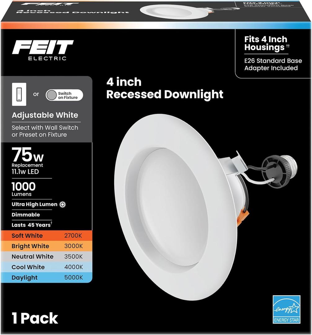 Feit Electric Enhance 4in LED Recessed Downlight, 75W Equivalent, 1000 Lumens, Dimmable, Adjustable White Color Temperature, Fits Most 4-Inch Housings, 90+ CRI, 50,000-Hour Lifetime, LEDR4XHO/6WYCA