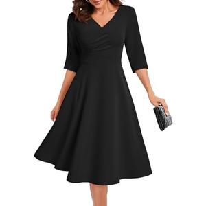 Bbonlinedress Midi Cocktail Dress Formal Wedding Guest 3/4 Sleeve Church V-Neck Work A-Line Swing Tea Party Dress Size L