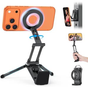 OMOTON 360°Rotating for MagSafe Tripod Mount, Adjustable Aluminum Magnetic Phone Tripod for iPhone 17/16/15/14 Pro Max Air, Foldable Cell Phone Stand Fits Vlog, Gym, Travel Essentials Accessories, 1-Black