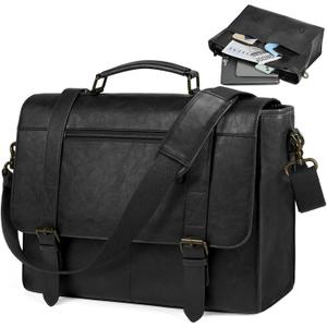 RAINSMORE Messenger Bag for Men 15.6 inch Leather Laptop Bag Vintage Waterproof Satchel Computer Briefcase for Office Work (Black)