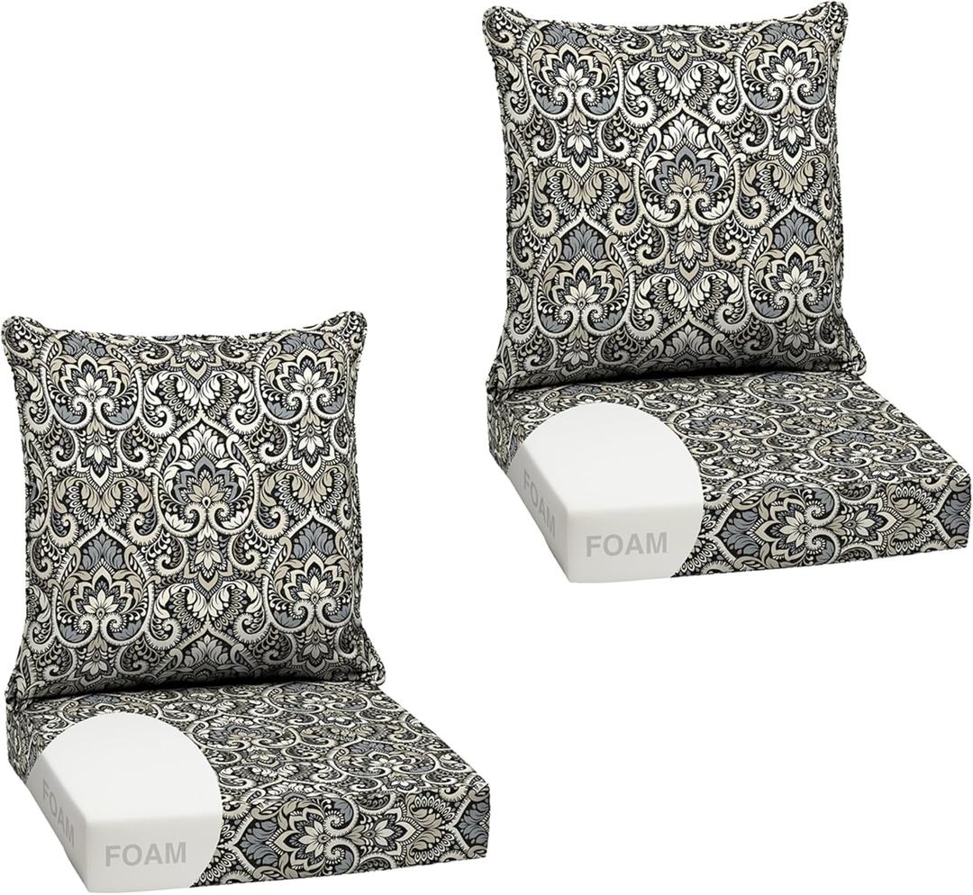 Arden Outdoor Foam Deep Seat Cushion Set (2-Pack), 24x24, Premium High-Density Foam, Never Flattens, Weather-Proof for Patio Chair Sofa Couch, Black Aurora Damask