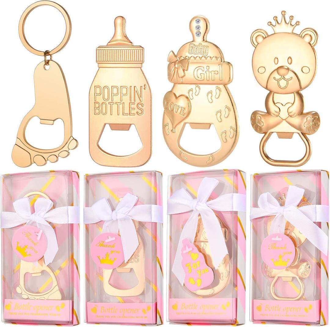 24 Pcs Baby Bottle Opener, Popping Girl Bear Footprint Keychain Bottle Openers with Pink Gift Box, Baby Shower Party Favors for Guests, Wedding Return Gift Souvenirs Theme Decoration Supplies