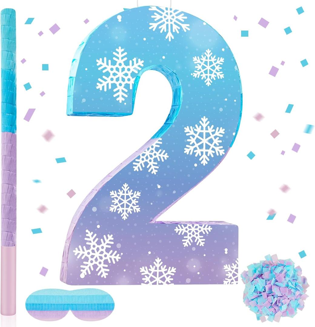 Halloscume 20 Inch Purple Blue Snowflake Number Piñata Wonderland Snowflake Piñata Large Fairy Tale Snowflake Piñata with Stick Blindfold Confetti for Christmas Winter Birthday Party Supply(Two)