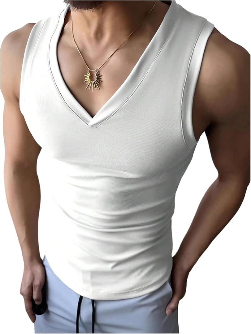 OYOANGLE Men's V Neck Tank Top Slim Fitted Workout Gym Sleeveless Muscle Shirts Summer Undershirts (Medium, White)