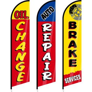 Hahafelt 3 Pack Auto Repair Shop Oil Change Feather Flag Sets, 12 x 2.5 ft Large Brake Services Advertising Windless Flag for Business Mechanics Automotive Car Repair Shops