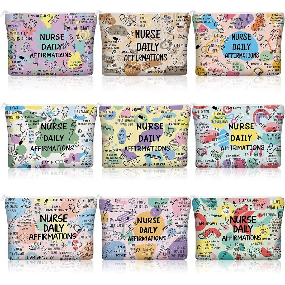 Reginary 9 Pcs Nurse Gifts Nursing Daily Affirmations Makeup Bags Nurse Toiletry Cosmetic Pouch Nursing Inspirational Gifts for Student Teacher Women Essentials Rn Coworker Party Supplies