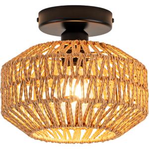 Mini Rattan Boho Ceiling Light Fixture, Small Woven Semi Flush Mount Ceiling Light, Wicker Light Fixture Hallway,Laundry Room, Closet,Nursery E26 1 Light