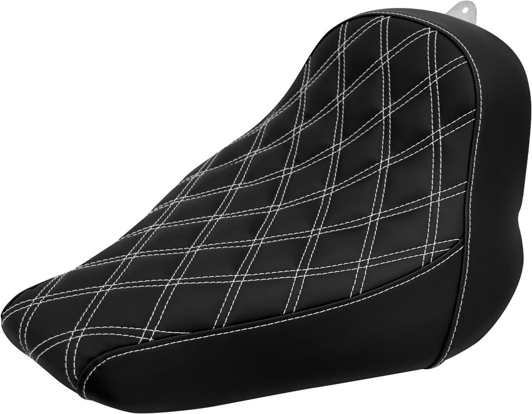 Motorcycle Solo Seat Cushion Diamond Leather Seat Compatible with Harley Breakout Fatboy 2018-2025 (White Stitching)