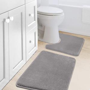 H.VERSAILTEX Bath Mat Memory Foam Set Bathroom Rug Set Flannel Velvety Bath Mat Luxury Extra Soft and Absorbent Non Slip Rugs for Bathroom/Bedroom Washable (Curved Set 20"x 32" Plus 20"x 20"U, Grey)