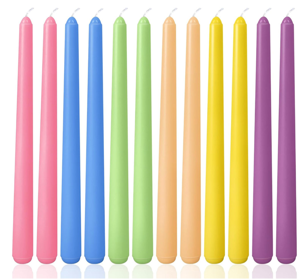 10 Inch Multi-Color Taper Candles for Religious and Spiritual Settings, 12 Pack Unscented Candlesticks in 6 Colors for Holiday, Seasonal Celebration and Home Decoration