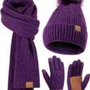 Winter Beanie Hat Scarf Gloves Set for Women, Pom Pom Beanie with Fleece Lined Long Knit Neck Warmer Fingers Touchscreen Gloves, Fashionable Cute Warm 3 in 1 Gift Set for Cold Weather (A-06) Purple