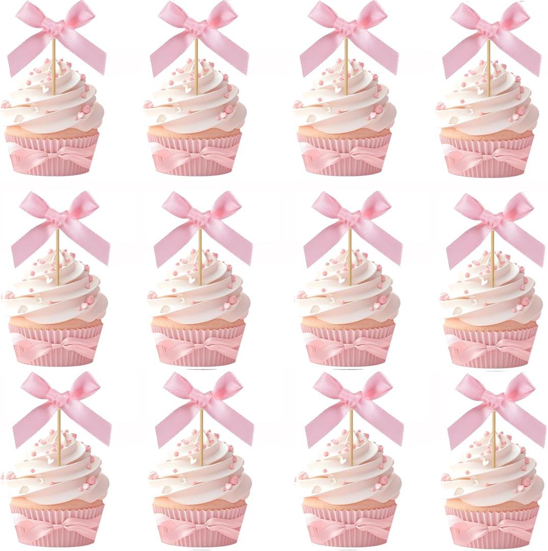 24pcs Bow Cupcake Toppers - Girls Pink Bow Cake Picks Party Decorations Coquette Themed Bowknot Ribbon Cake Topper for 1st birthday Bridal Wedding Party Christmas
