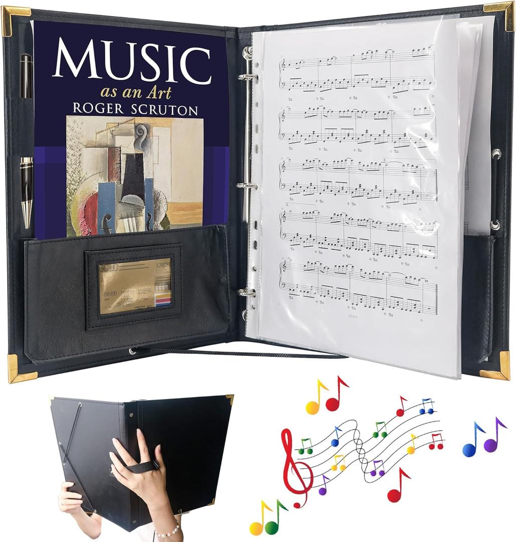 IvyRobes PU Leather Sheet Music Folder, 12.5" x 10" Choir Folder with 3 Rings, Hand Strap & Elastic Band,10 Pockets for 8.5" x 11", A4, 9" x 12" Sheets for Piano,Choral & Music Performance Black