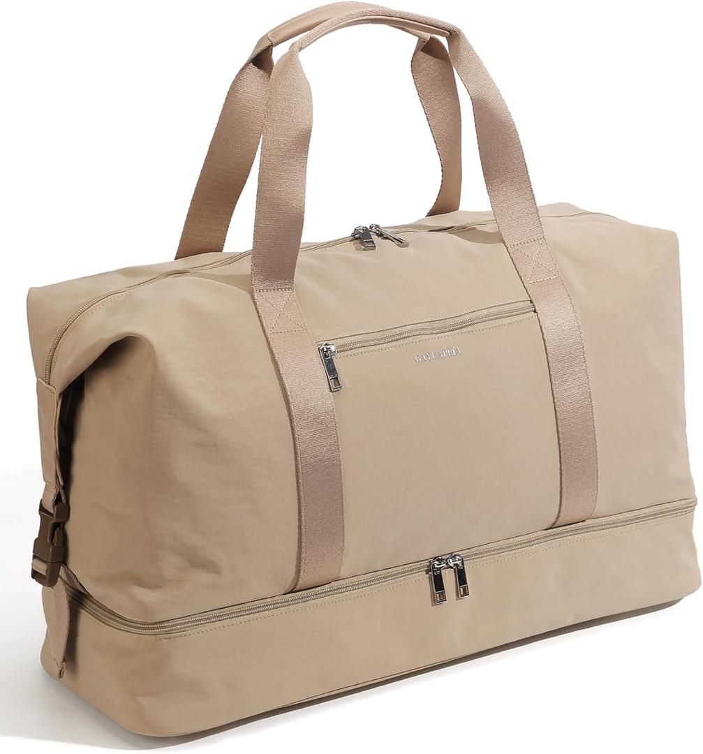 Oeihuivt Weekender Bags for Women - 21 Inch Large Travel Duffel Bag 2-Piece Set with Shoe Compartment, Heavy-Duty Canvas Leather Carry On Overnight Tote (Khaik-1A)