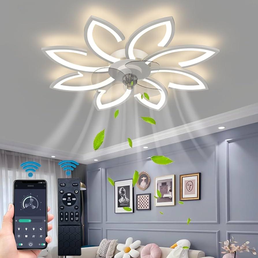 BESKETIE Ceiling Fan with Lights, 35'' Bladeless, Low Profile, Flush Mount, 3 Color Dimmable LED, 6 Speeds, Remote & APP Control, Modern Design - White, for Living Room, Bedroom, Kids Room
