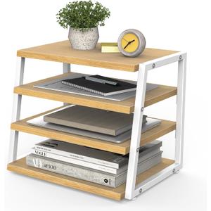 Fenge Desk Shelf Organizer, 4-Tier Tower Desktop Office Shelves, Oak | Wood and Metal Open Shelf, Corner File Organizer for Office Supplies, Top of Desk Organizers and Accessories