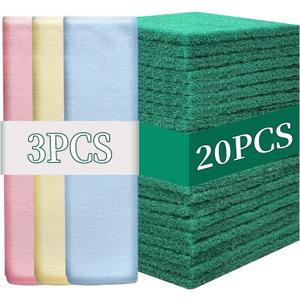 Heavy Duty Scour Pads Sponge Dish Scrubber Non-Scratch Green Reusable Household Scrub Pads for Kitchen and Dish Cleaning Tool (20Pcs Sponge+3Pcs Clean Towel)