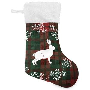One Bear Christmas Stockings, Rabbit Wreath Green and Red Plaid Cuff Stockings Plush Faux Fur 17" Fireplace Large Hanging Socks for Family Holiday Xmas Party Decoration 1 Pcs