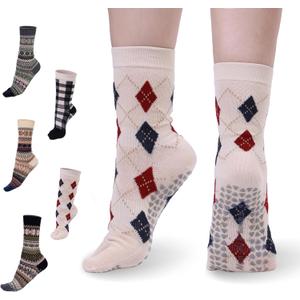 Boho Yoga Socks for Women Non-Slip Grip High Calf Pilates Socks, Gym & Home Exercise. Checked pattern